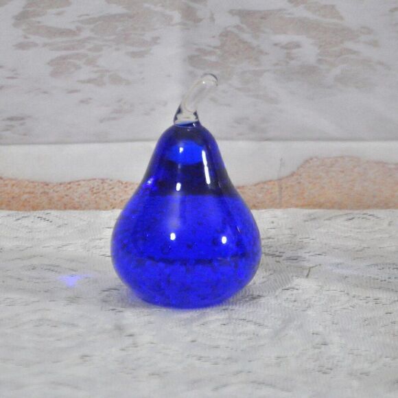 Cobalt Blue Art Glass Pear Paperweight & Hazel Atlas Cobalt Blue Chevron Creamer - Picture 3 of 5